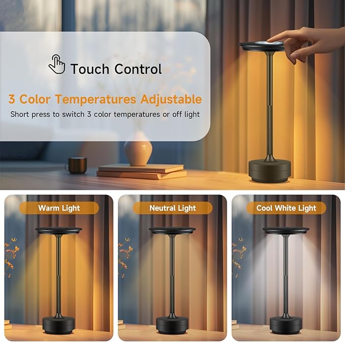 Cordless Rechargeable Table Lamps, Portable Led Ecolume Dining Table Light with Touch Control & 3 Color Dimmable, 5200mAh Battery Powered Vueeze Table Lamp for Outdoor Patio Dinner Restaurant (Black)