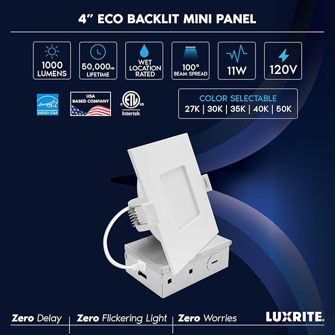 LUXRITE 4 Inch LED Recessed Light, ECO Backlit Mini Panel Spotlight, 5CCT 2700K-5000K, 1000 Lumens, High Output, 11 Watts, Dimmable, IC Rated, Wet Rated, ETL Listed, Energy Star, Sqaure (24 Pack)