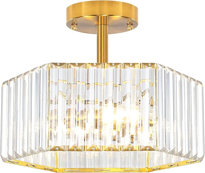 TOULMJ Crystal Semi Flush Mount Ceiling Light, 3-Light Modern Close to Ceiling Light Fixtures, Gold Hallway Light Fixtures Flush Mount Chandelier for Entryway Kitchen Bedroom Dining Laundry Room
