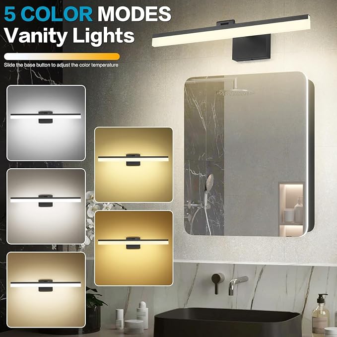 SOLFART 23.6 inch Black Bathroom Light Fixture 5 Color Temperature Dimmable LED Vanity Lights Bathroom Vanity Lights Over Mirror Light Bar Vanity Lighting Fixtures 5CCT