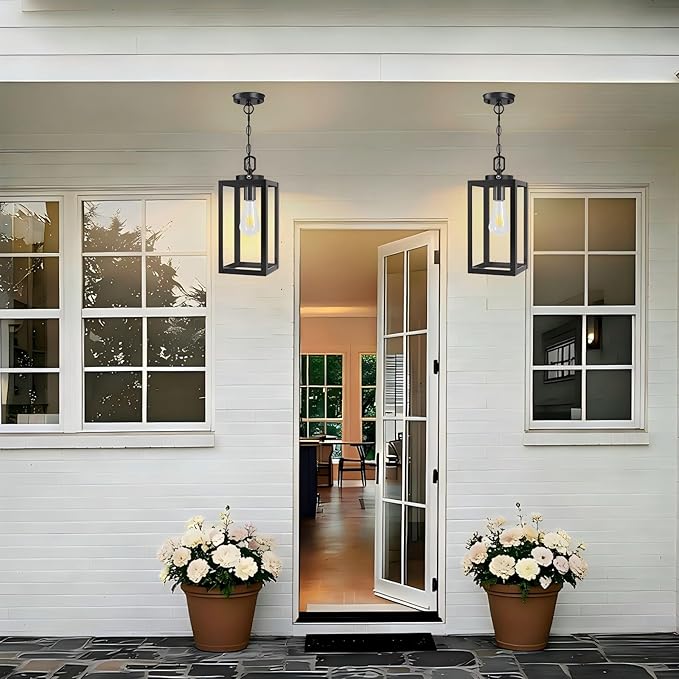 2 Pack 13" Dusk to Dawn Outdoor Pendant Light for Porch,Black Lantern Hanging Chandelier with Adjustable Chain, Anti-Rust Exterior Hanging Ceiling Fixture for Hallway,Front Door,Entryway Patio.