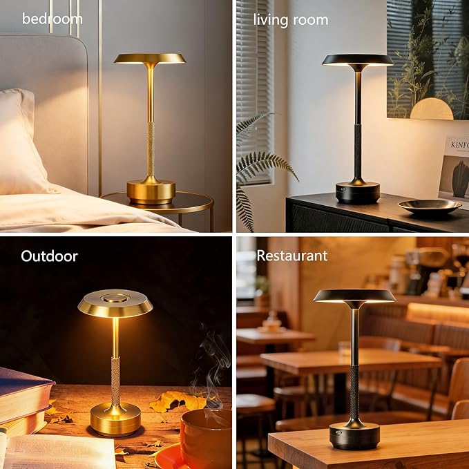 Wireless Desk Lamp Rechargeable 5000mAh Battery Powered Lamp for Counter 3 Color Stepless Dimmable LED Wireless Light for Dining Room Kitchen Outdoor Terrace Support Touch Control (Gold)