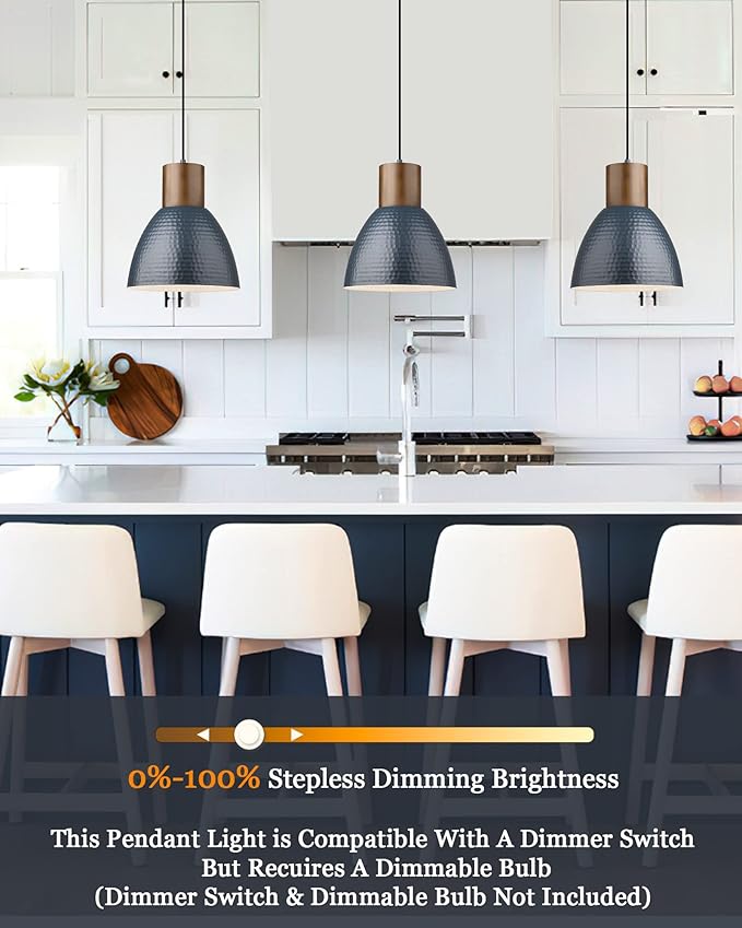 ELYONA Hammered Pendant Lights for Kitchen Island, 7” Small Solid Wood Hanging Light Fixtures, Adjustable Height Industrial Metal Pendant Light Fixtures for Bar Dining Room Bedroom Office, Modern Blue