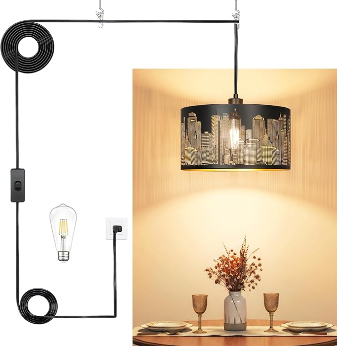 Qingmiao Plug in Pendant Light, Hanging Lamp Plug in with Metal Shade, 3-Way Dimmable Hanging Light Fixture for Living Room Bedroom Kitchen Ceiling Farmhouse Home Decor