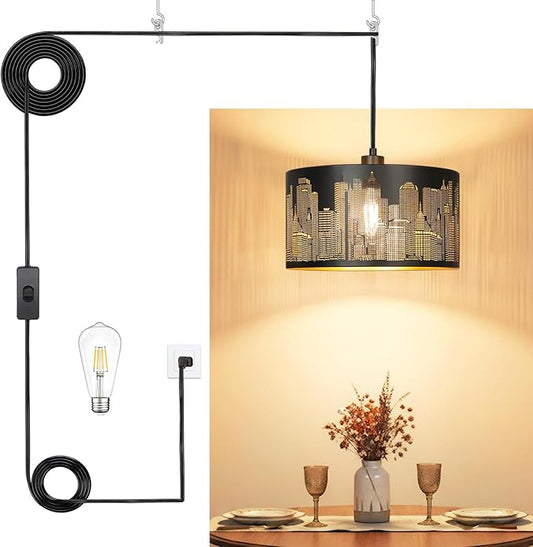 Qingmiao Plug in Pendant Light, Hanging Lamp Plug in with Metal Shade, 3-Way Dimmable Hanging Light Fixture for Living Room Bedroom Kitchen Ceiling Farmhouse Home Decor