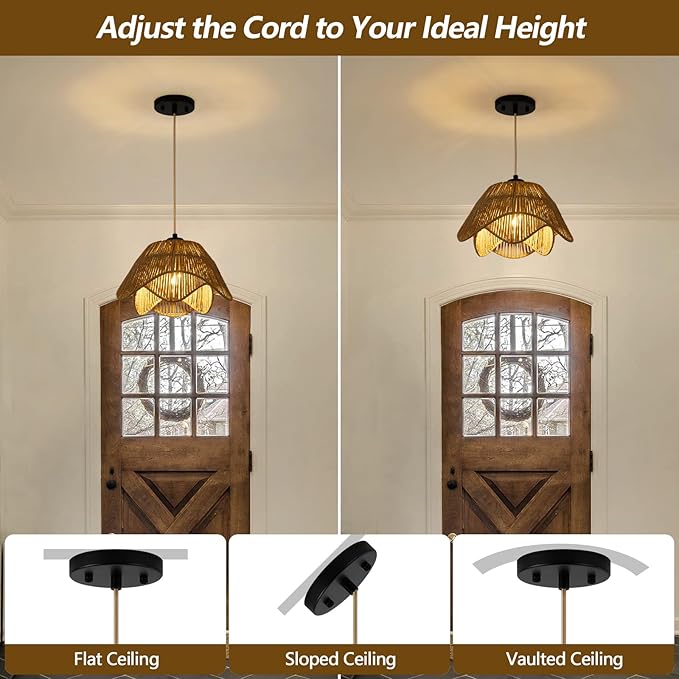 Rattan Pendant Light Fixtures,1 Light Boho Hanging Light, Farmhouse Hand Woven Wicker Chandelier, Adjustable Flush Mount Ceiling Hanging Lamp for Bedroom Dining Room Kitchen Island Hallway