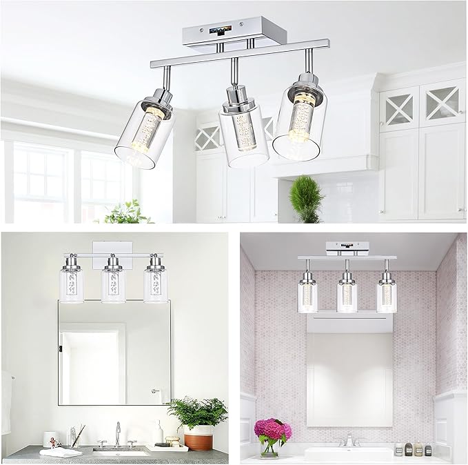 MELUCEE 5-Color Dimmbale LED Track Lighting Kit Chrome Ceiling Mount 3-Light Wall Scones Rotatable Spotlight Ceiling Light Fixture, Kitchen Track Lighting Bathroom Vanity Fixtures, Clear Glass
