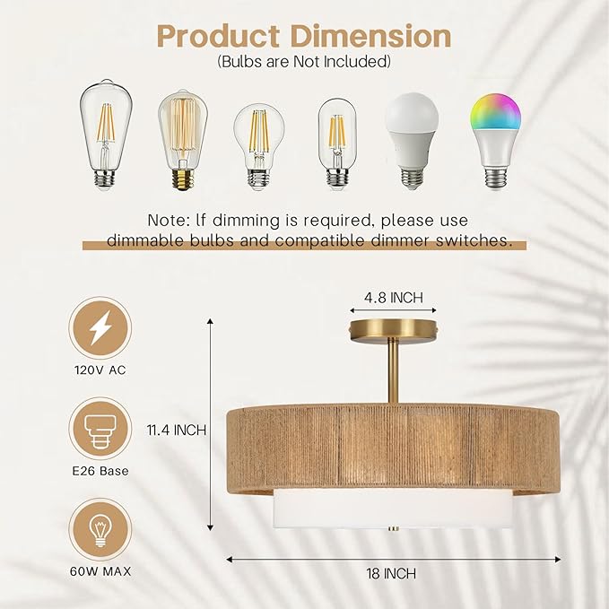 18 Inch Rattan Semi Flush Mount Ceiling Light Fixture,3-Light Boho Light Fixtures Ceiling Mount with Woven Hemp Rope & White Fabric Shade,Farmhouse Drum Light for Living Room,Bedroom,Kitchen