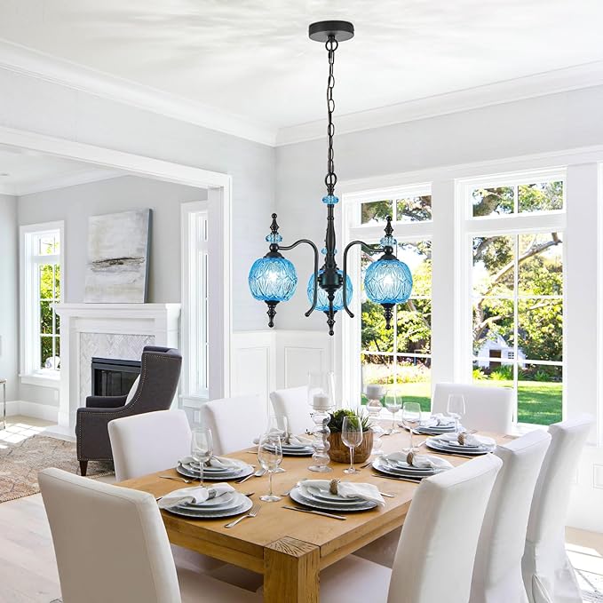 Vintage Blue Pendant Light Fixtures, 3-Light Chandeliers for Kitchen Bedroom Living Room Dining Room Hallway