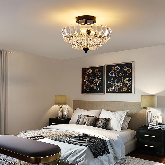 semi Flush Mount Ceiling Light Fixture - 3-Light Vintage Crystal Glass with Black Metal Frame, Modern Close-to-Ceiling Lighting for Bedroom, Kitchen, Living Room or Hallway, e26 Base
