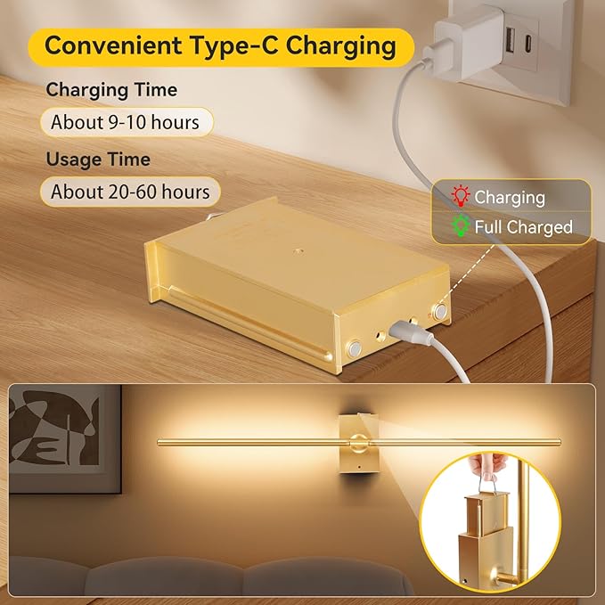 Ouyulong Battery Operated Wall Sconces Set of 2, 10000mAh Wireless Rechargeable 3000-6000K Dimmable 350° Rotate Wall Light with Remote for Living Room, Bedroom 23.6in Gold