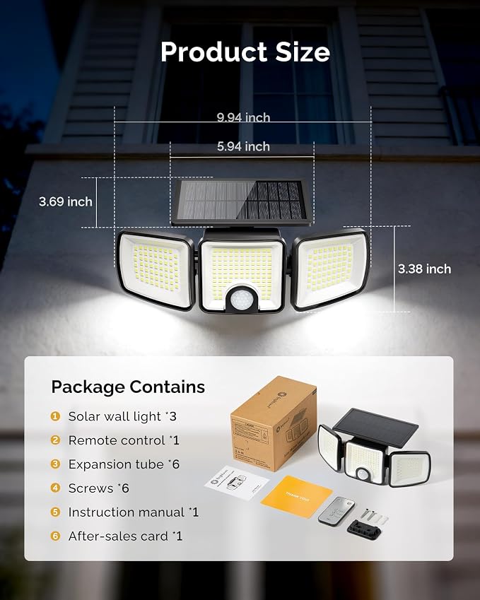Brightown 3 Pack Solar Outdoor Lights, 2500LM 223 LED Solar Flood Outdoor Lights with Motion Sensor 3 Modes, 3 Head 270° Wide Angle Street Area IP65 Waterproof Security Wall Lights with Remote
