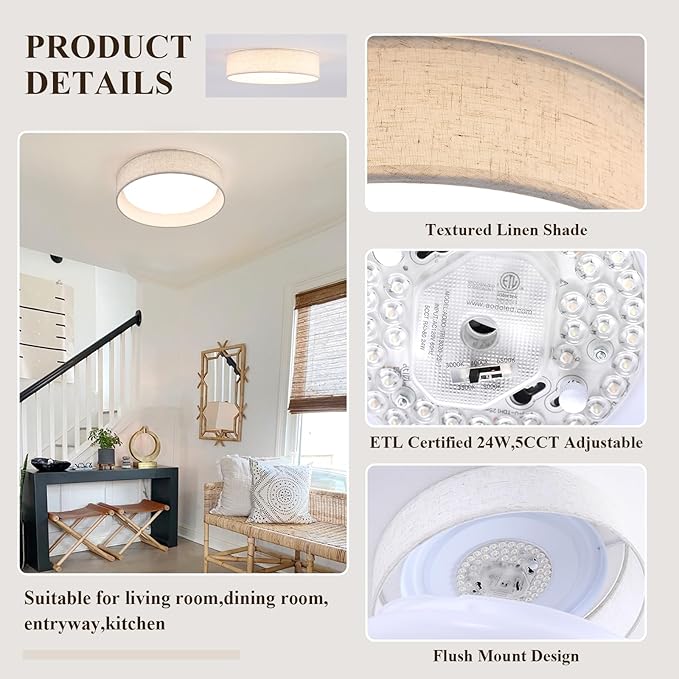 LED fabric drum ceiling light,13" semi flush mount light,24W Kitchen Lighting Fixture Ceiling Mount, Dimmable Drum Ceiling Lighting Fixture 5CCT for Bedroom, Bathroom, Living Room, Kitchen