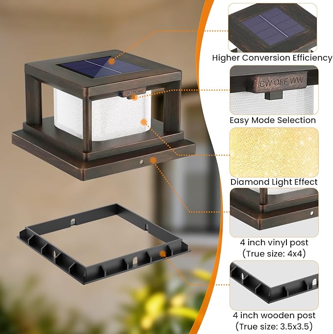 Mlambert 8 Pack Solar Post Lights Outdoor, 2 Modes LED Fence Cap Light for 4x4 Post, Waterproof Deck Light Patio Garden Decor, Warm/Cool White, Brown