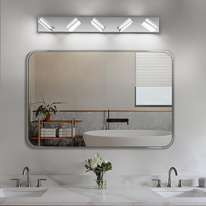 Modern LED Bathroom Lights Fixtures 5-Light,Stainless Steel Chrome Acrylic Wall Lighting,Vanity Lights for Bathroom Over Mirror 6000k 34in