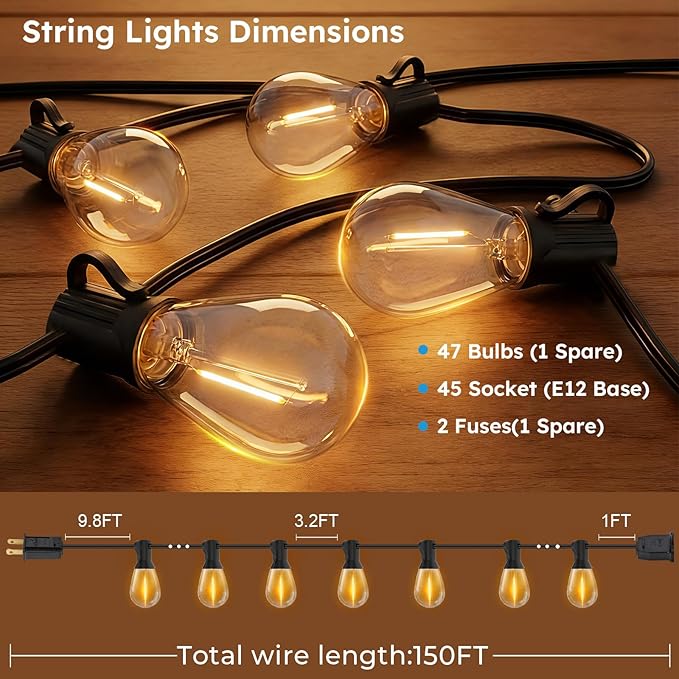 GvvooHome LED Outdoor String Lights, 150FT Waterproof Patio Lights with 47 Shatterproof S11 Plastic Bulbs, 2700K Warm White Edison Hanging Lights for Backyard, Garden, Porch, Bistro