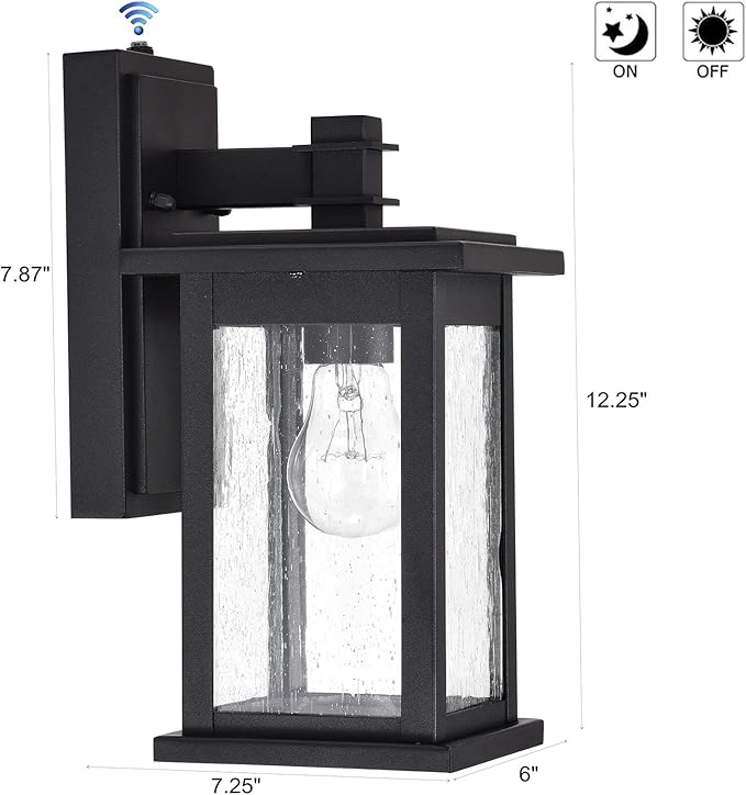 MICSIU 12.25" Dusk to Dawn Sensor Outdoor Wall Light, Textured Black Exterior Wall Sconce with Clear Seedy Glass, Anti-Rust Porch Light Fixtures for House, Garage, Patio, E26 Base, ETL Listed