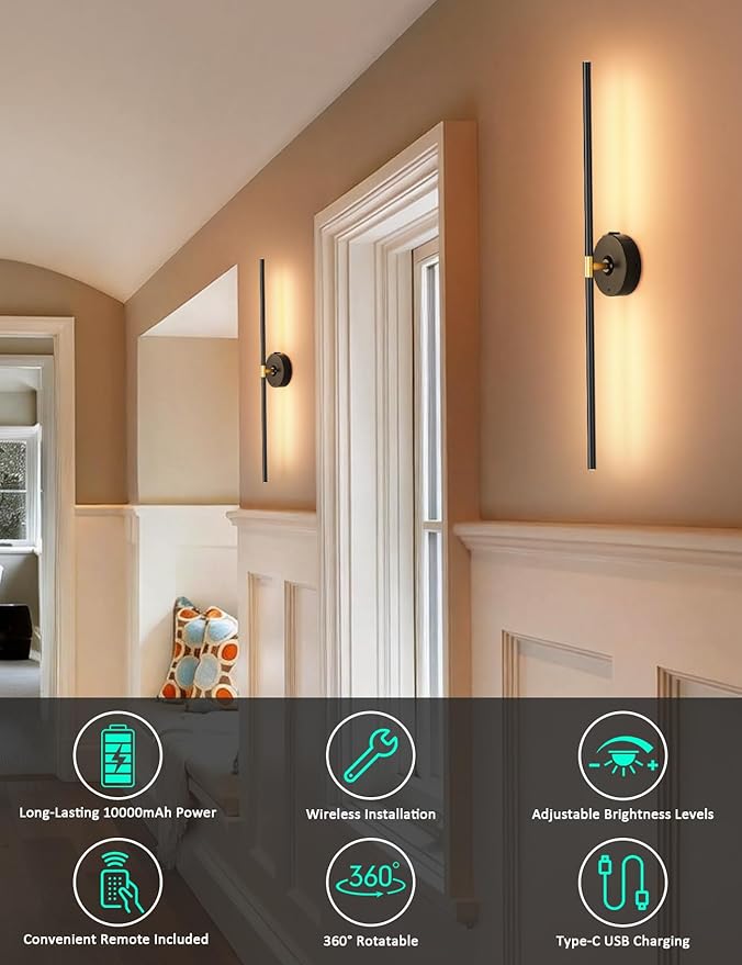 Battery Operated Wall Sconces Set of 2: 10000mAh Rechargeable Wall Lights for Living Room, Dimmable LED Wireless Wall Lamp 360° Rotate Modern Home Decor for Bedroom Hallway Picture Lighting Bathroom