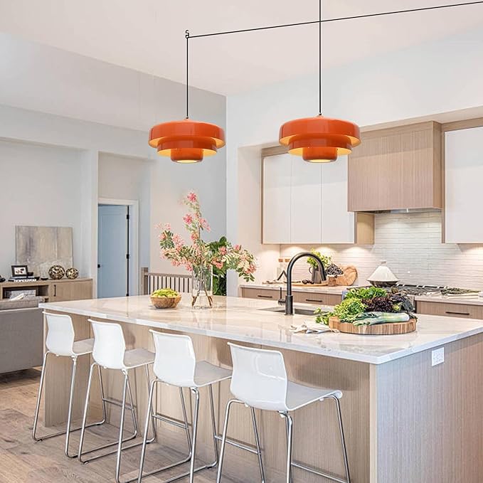 Plug in Pendant Light Mid Century Hanging Lamp with Plug in Cord Orange Pendant Lighting Fixtures Nordic Style Metal Shade On/Off Switch Hanging Light for Living Room Dining Bedroom Kitchen
