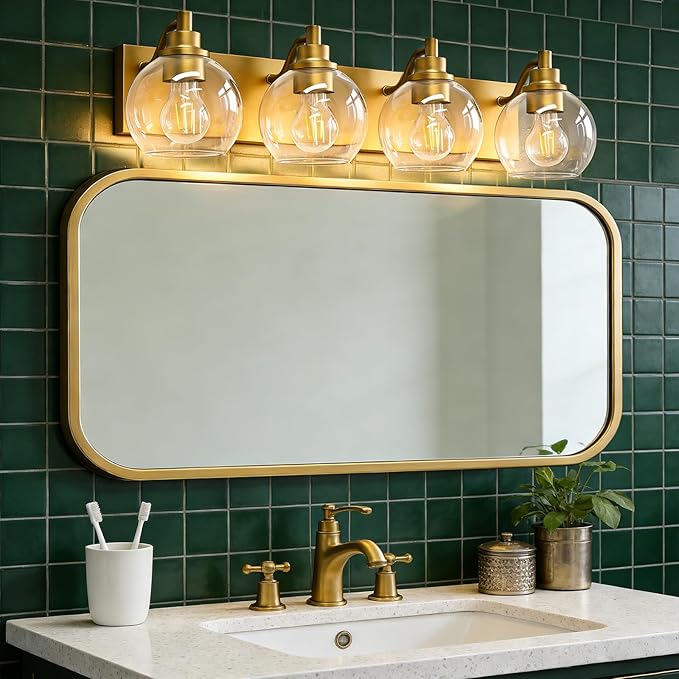 IZORRO Bathroom Light Fixtures, 4 Light Brushed Gold Vanity Light, Modern Wall Sconces with Globe Clear Glass Shade, Vanity Lighting Fixtures Over Mirror,E26 Bulb Socket