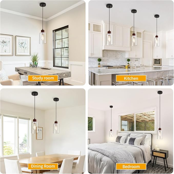 Modern Industrial Pendant Light, 3 Pack Mini Pendant Lighting with Clear Glass Shade, Adjustable Height, Rustic Wood Finish Ceiling Hanging Light Fixture for Kitchen Island Dining Room Bedroom