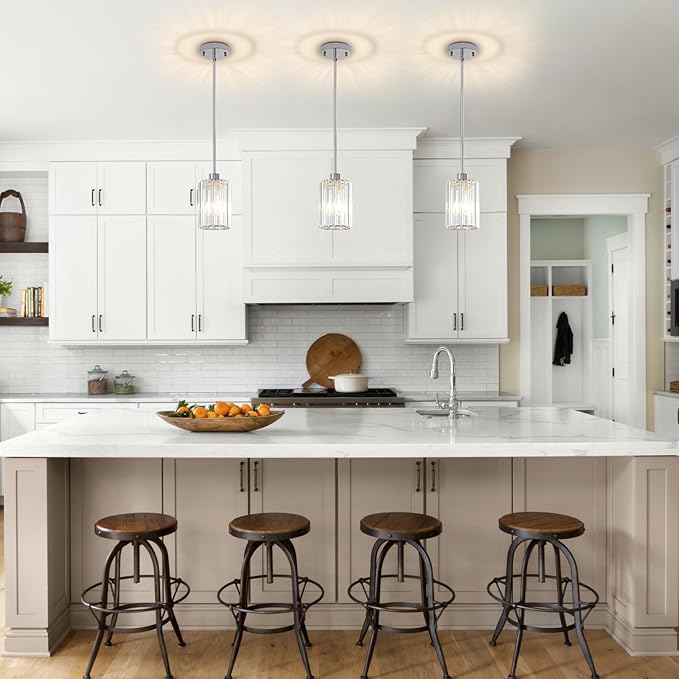 Chrome Pendant Lights for Kitchen Island, 3 Pack Modern Crystal Pendant Light Fixtures, Mini Kitchen Hanging Lights for Dining Room, Hallway, Foyer, Entryways