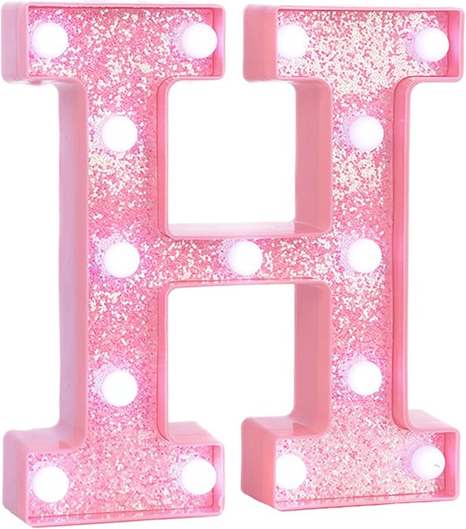 Pink Marquee Light Up Letters, Glitter Alphabet LED Letter Lights for Pink Birthday Party Decorations, Battery Operated Letter Sign for Girls Room Vanity Table Decor, Cool White Lights Letter H