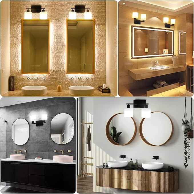 Bathroom Light Fixtures Over Mirror, Anti-Rust Matte Black Vanity Lights 15 Mid Century Modern 2-Light Wall Sconces, Milky White Glass Shades, E26 Standard Socket, Bulbs Not Included