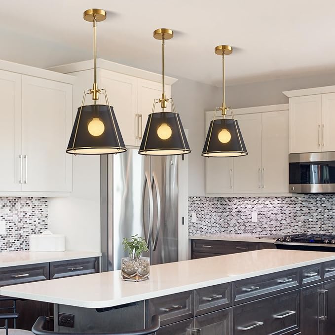 Modern Pendant Light Fixtures with 13" Black Linen Fabric Shade, Adjustable Hanging Light Fixture,Drum Gold Vintage Chandelier for Kitchen Island Bedroom Dining Room Foyer Entryway