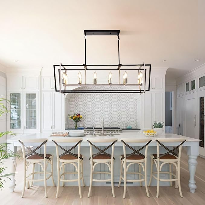 Farmhouse Dining Room Light Fixture/Chandelier Over Table, 12-Light Kitchen Island Lighting, Rectangle Pendant Lights Kitchen Island, Black and Sliver Hanging Chandeliers for Dining Room