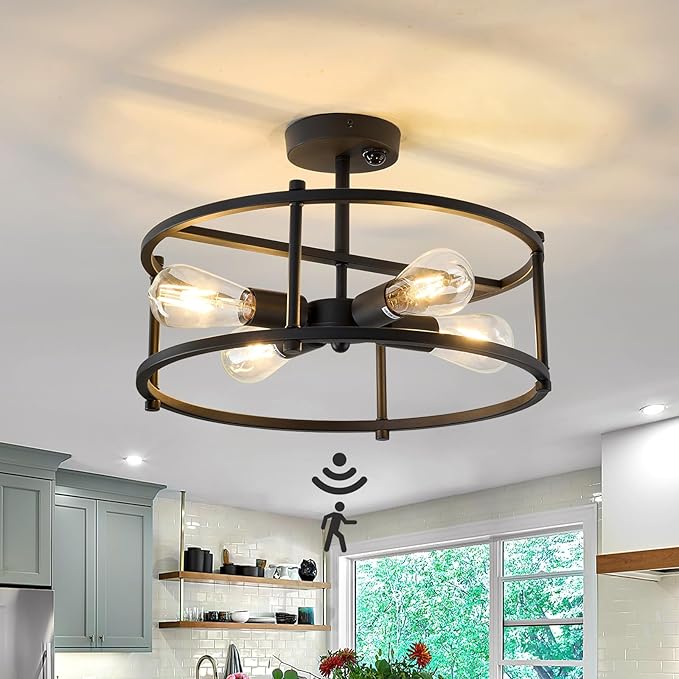 hesoge Motion Sensor Ceiling Light Indoor Industrial 4 Light Semi Flush Mout Ceiling Light Fixture Black Overhead Light for Entryway Hallway Closet Porch Front Farmhouse