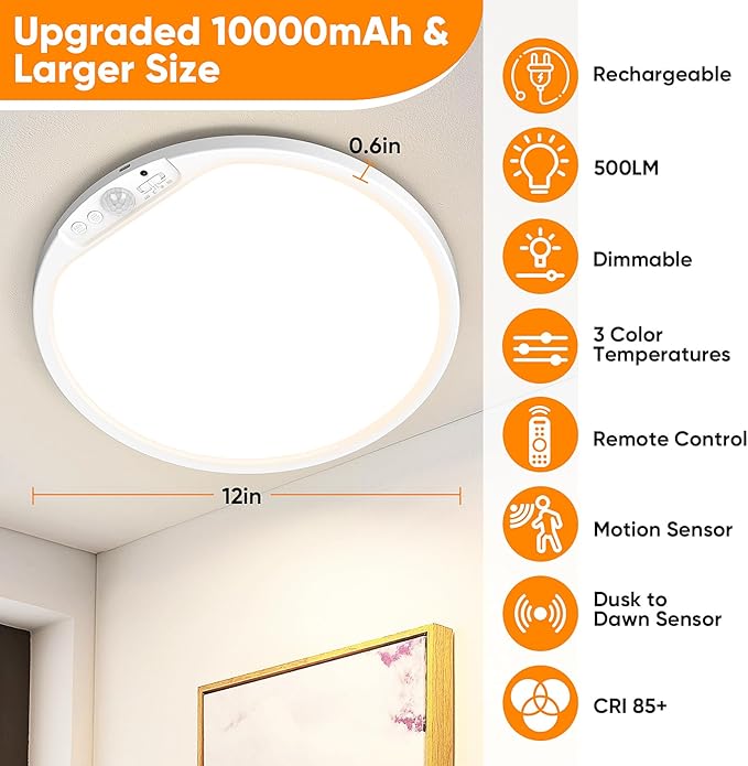 2 Pack 10000mAh Rechargeable Motion Sensor Ceiling Light with Remote, Battery Operated Closet Light No Wiring, Magnetic Wireless LED Ceiling Lights, 3 Color Overhead Lamp for Shower Pantry Hallway