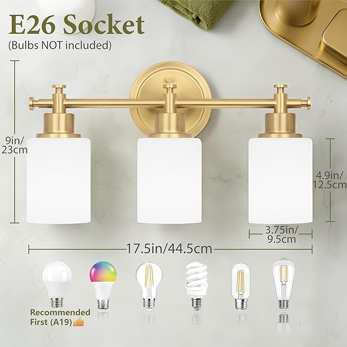 3-Light Bathroom Vanity Light, Brushed Gold Vanity Lights for Bathroom, Modern Champagne Gold Wall Sconce with White Glass Shades, Anti-Rust Light Fixtures over Mirror (Bulbs Not Included, E26 Base)