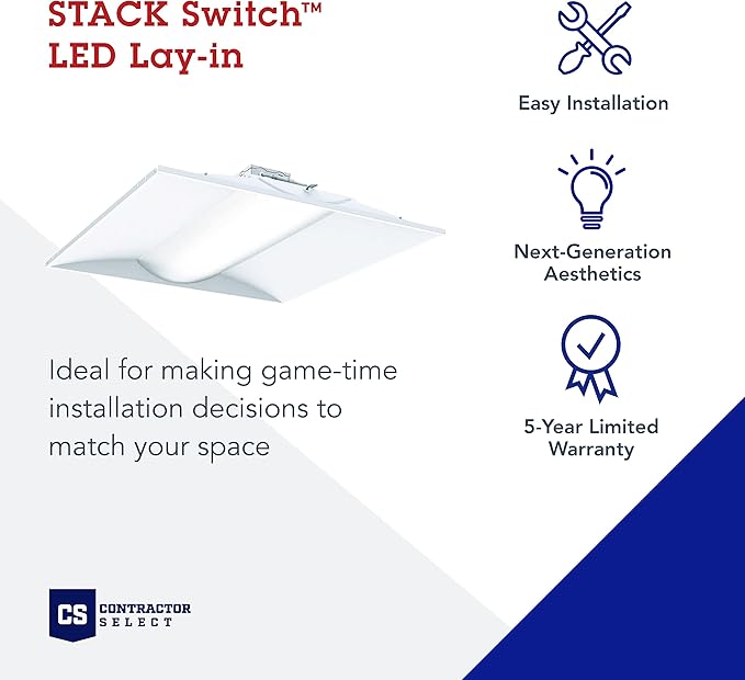 Lithonia Lighting 2x2 LED Troffer Light, Stack Switch LED Drop In Ceiling Light for Dropped Ceiling, 3000/4000/5000 Adjustable Lumens, 3500K/4000K/5000K Switchable Color Temperature, White