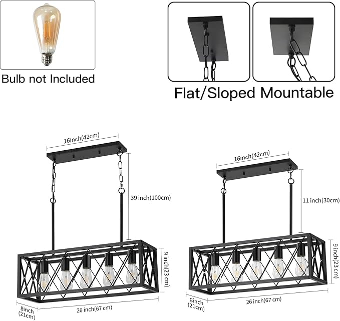 KEESFU Black Farmhouse Kitchen Island Lighting, 5 Lights Pendant Lighting Fixtures, Adjustable Height, Industrial Dining Room Light for Living Room Foyer Dining Table Over Sink.