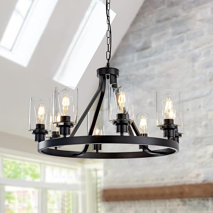 Lanhall 8-Light Black Dining Room Light Fixtures Farmhouse Wagon Wheel Chandelier Kitchen Island Pendant Lights Modern Industrial Rustic Adjustable Height Metal E26