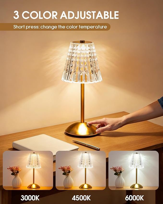 Nusogon Rechargeable Cordless Table Lamp, Touch Control Crystal Desk Lamp with 3500mAh Battery, 3 Color Dimmable LED Small Lamp for Bedroom Bedside Restaurant Kitchen Home Decor