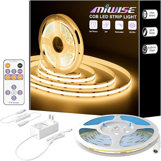 MIWISE COB LED Strip,LED Strip Light 2700K Warm White 20ft Dimmable Super Bright 24V,High Density Flexible Tape Light with RF Remote Timer Function,for Shelf/Cabinet/Bedroom/TV DIY Lighting Project