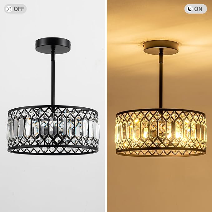 3-Light Crystal Ceiling Light, Modern Semi Flush Mount Light Fixture, Black Crystal Chandelier for Kitchen Bedroom Bathroom Entryway Hallway
