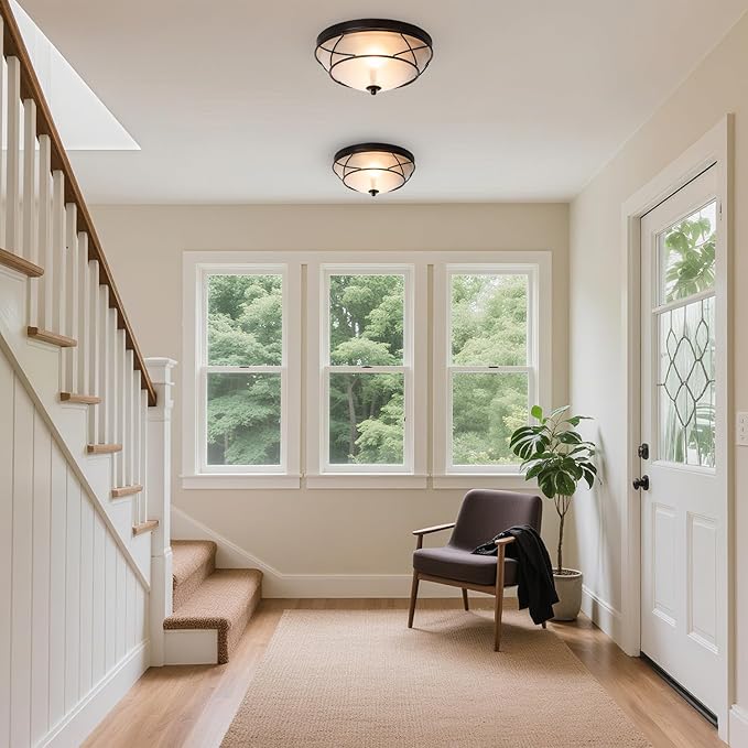 12" Black Classic Dome Flush Mount Ceiling Lights Set of 2, Frosted Glass 2-Light Bronze Lighting Fixtures, Farmhouse Rustic Ceiling Lamps for Living Room Kitchen Bedroom Hallway Staircase
