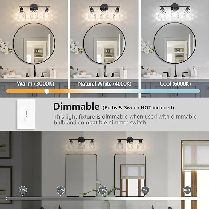 3-Light Bathroom Light Fixtures, Modern Black Vanity Light Over Mirror, Wall Sconce with Clear Hammered Glass Shades, E26 Base (Bulbs Not Included)