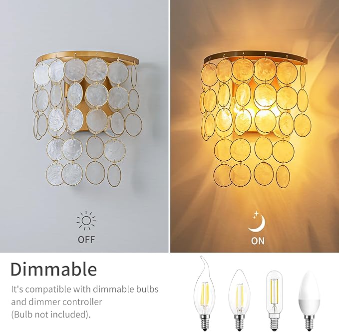 2-Light Capiz Shell Wall Sconces, Coastal Design Indoor Wall Lamp, Vanity Wall Mount Light Fixture for Bathroom, Hallway, Bedroom, True Shell Pendants & Copper Finish Frame