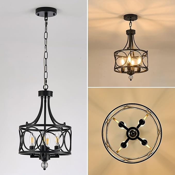 4-Light Chandelier,Round 11.2in,E12 Base - Black Metal Farmhouse Lantern Pendant Light Fixture,Adjustable Hanging Ceiling Lighting,for Kitchen Island,Bedroom,Entryway,Dining Room