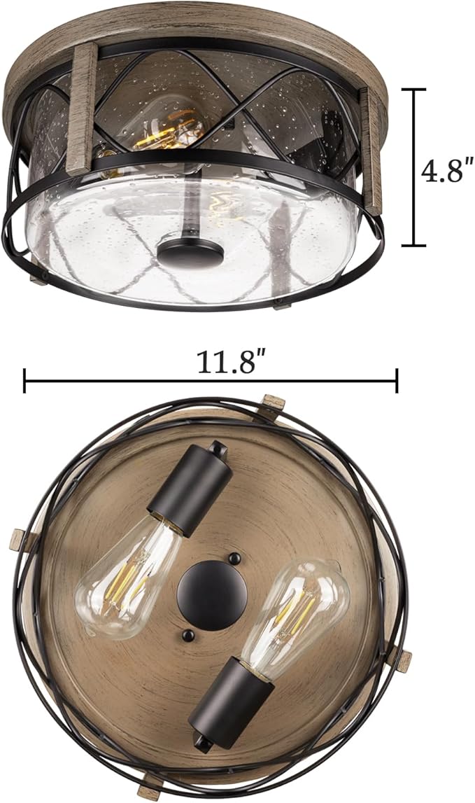 Rustic Close to Ceiling Light Fixtures, Farmhouse Wood Grain Flush Mount Ceiling Lighting, Metal Cage Lighting with Seeded Glass for Home Kitchen Dining Room Bedroom Hallway Entryway Foyer