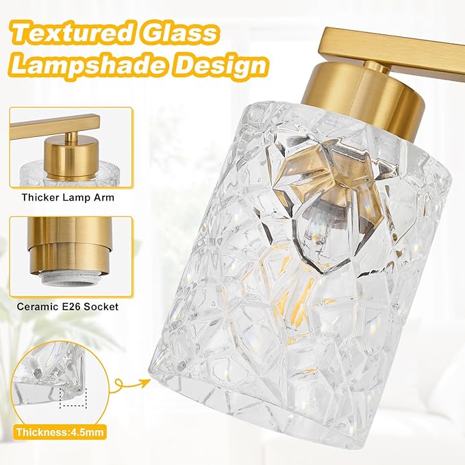 Brushed Gold Bathroom Light Fixtures, 4-Light Modern Bathroom Vanity Wall Light, Vanity Lights for Mirror, Wall Sconces with Clear Textured Glass (E26 Socket, Bulbs Not Included)