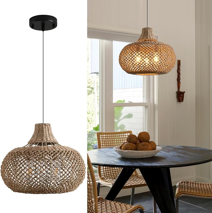 18.11" Rattan Pendant Light,Boho Hand Woven Wicker Hanging Light Seagrass Rattan Chandelier for Dining Living Bedroom
