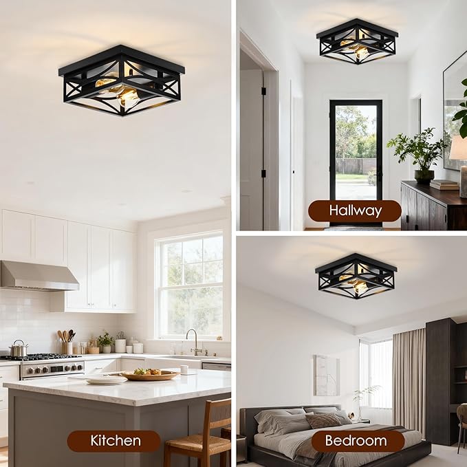 Ceiling Light, Farmhouse Flush Mount Ceiling Light, 2-Light Light fixtures Ceiling Mount, Modern Square Black Light Fixture, Kitchen Lighting Fixtures Ceiling,Bedroom,Balcony