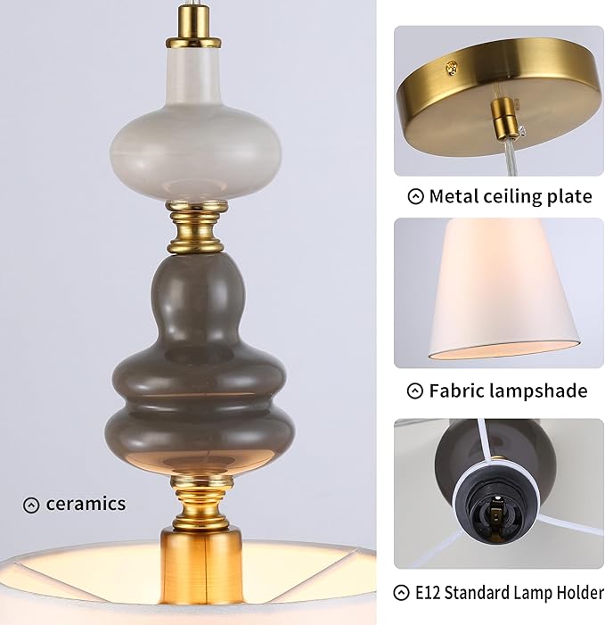 Art Deco Pendant Lights 2 Pack with Ceramic and Fabric Shade,Adjustable Pendant Light Fixture for Kitchen Island Dining Room Hallway BedHead