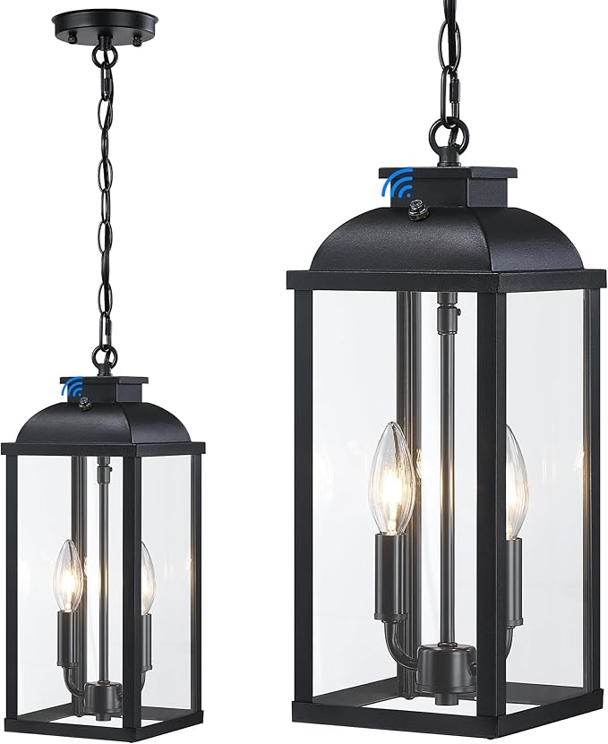 Large Outdoor Pendant Light 2-Light, 15.8" Dusk to Dawn Exterior Hanging Lights Fixture with Clear Glass, Modern Black Outdoor Chandelier for Gazebo Porch Patio Front Door