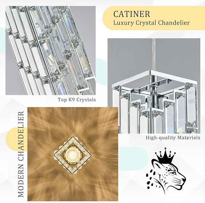 CATINER Chrome Crystal Pendant Light, Mini Hanging Pendant Lighting Fixture with Adjustable Cord, Modern Silver Pendant Light for Kitchen Island, Dining Room, Bedroom, Hallway, E26 Base (1 Pack)